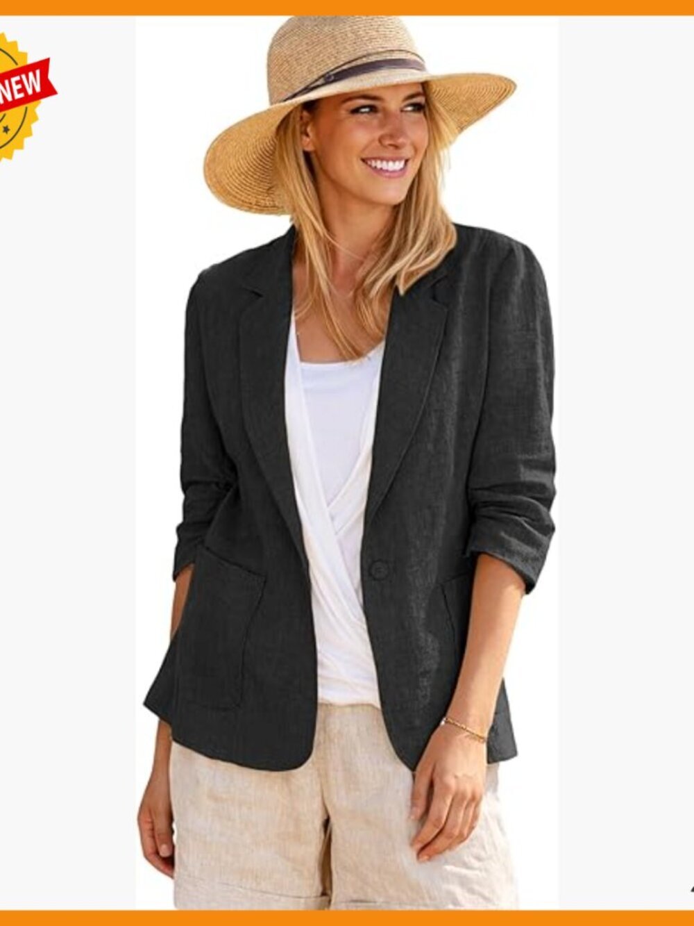 Lightweight Linen Blazer with 3/4 Ruched Sleeves and Pockets
